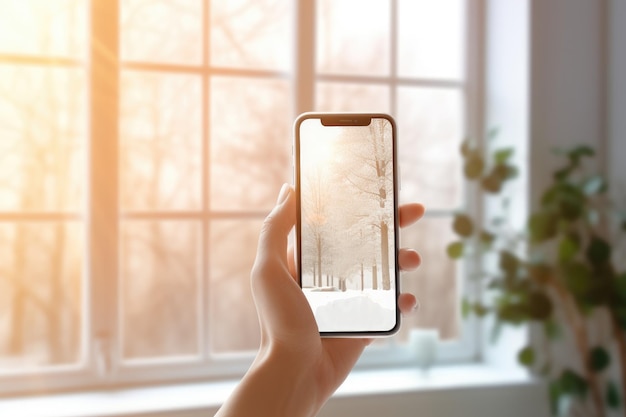 Hand holding smartphone against the background of a window with a winter landscape