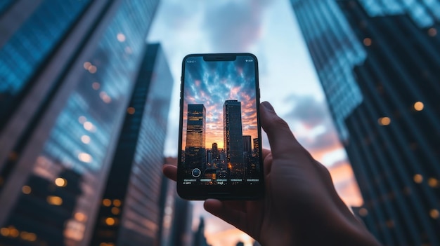 Photo hand holding a smartphone capturing a cityscape at sunset