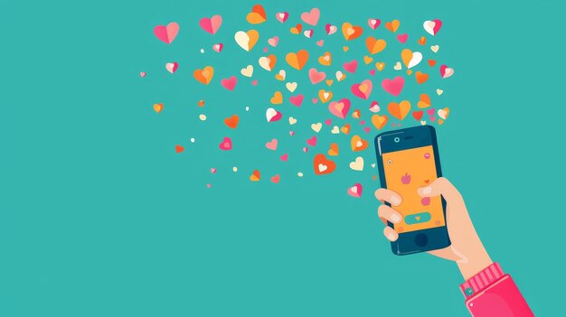 Photo a hand holding a smartphone displays a burst of colorful hearts symbolizing love connection