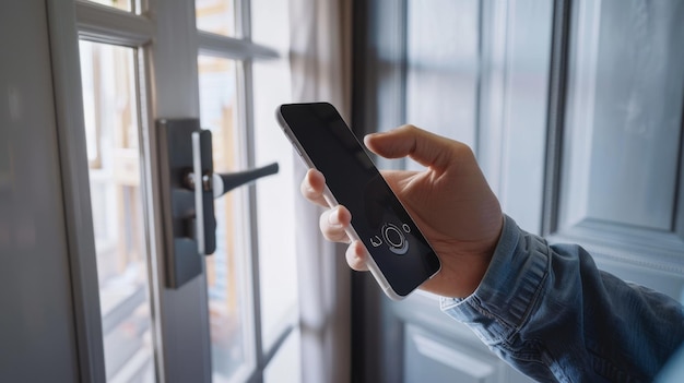 Photo hand holding a smartphone near a door lock symbolizing technology and modern security solutions in everyday life