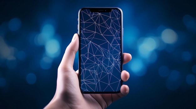 Hand holding smartphone with abstract polygonal network connection on blue background