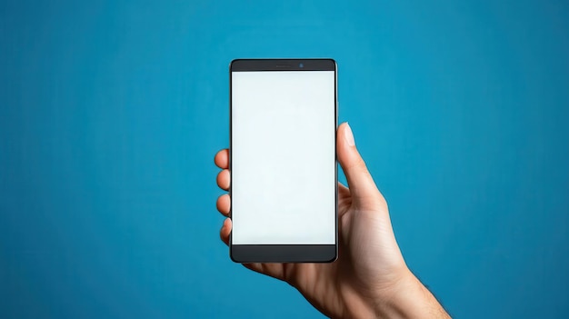 A hand holding a smartphone with a blank screen against a blue background