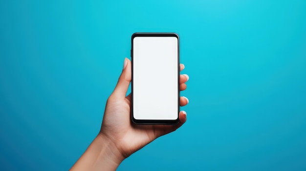 A hand holding a smartphone with a blank screen against a blue background