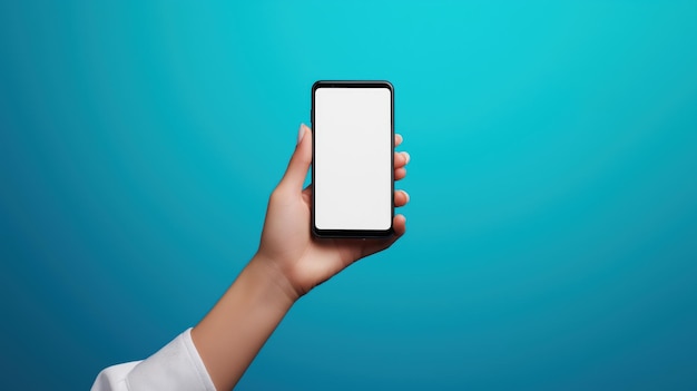 A hand holding a smartphone with a blank screen against a gradient blue background