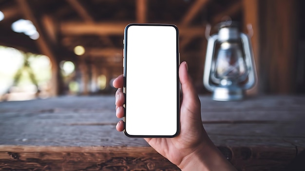 Photo hand holding a smartphone with blank screen on blurred background