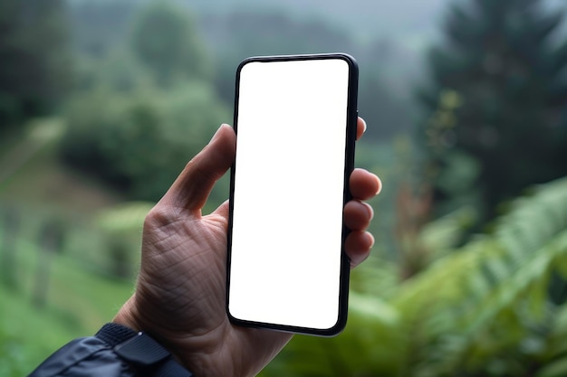 Hand holding a smartphone with blank screen blurred green background