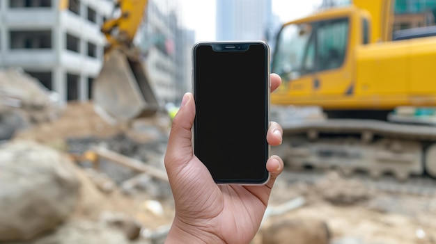 Hand Holding Smartphone with Blank Screen at Construction Site with Heavy Machinery