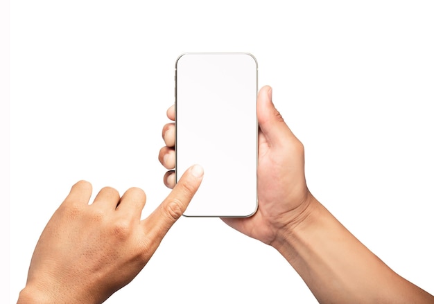 Hand holding the smartphone with blank screen and modern frameless design isolated on white background