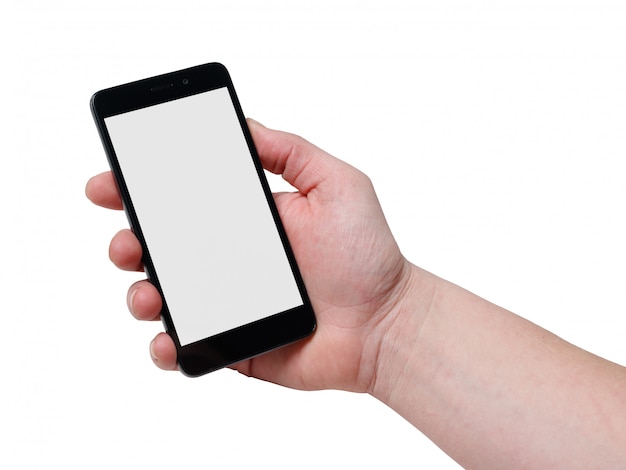 Hand holding a smartphone with blank screen