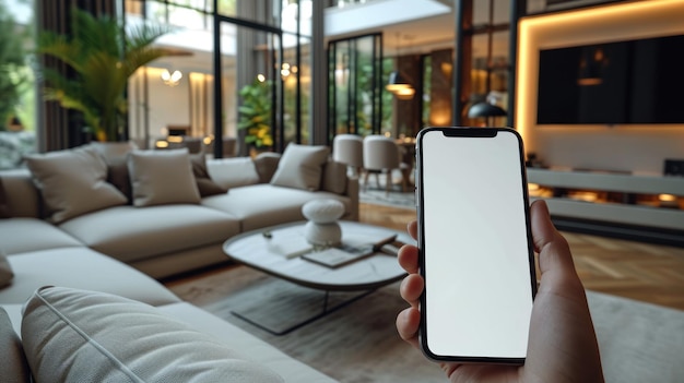 Hand holding smartphone with blank white screen