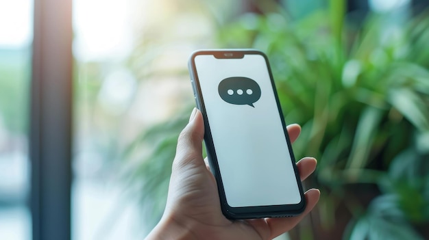 Photo hand holding a smartphone with a chat icon for customer support during the online shopping process