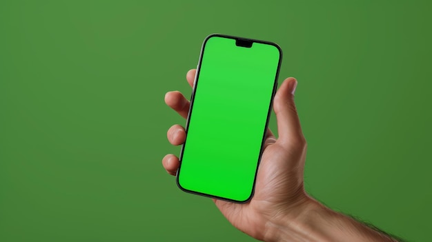 Hand holding smartphone with green screen on solid background