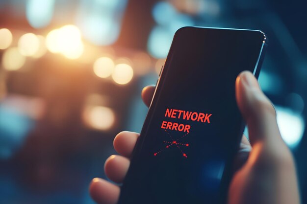 Photo hand holding smartphone with network error message