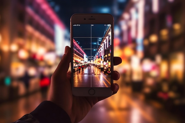 Hand holding smartphone with night city lights