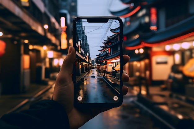 Hand holding smartphone with night city