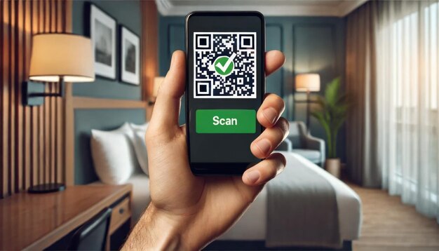 Photo hand holding smartphone with qr code on its screen in a hotel room