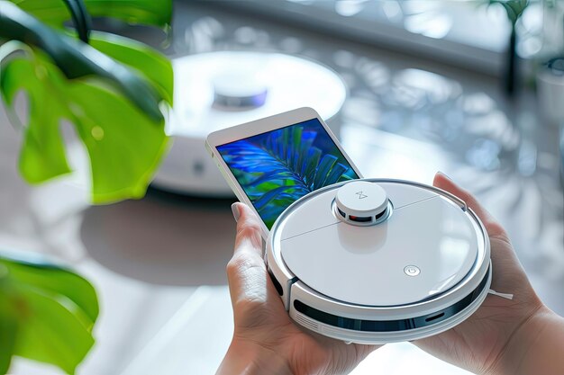 Photo hand holding smartphone with robot vacuum cleaner app