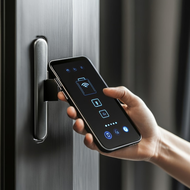 Photo a hand holding a smartphone with a smart lock app open unlocking a door