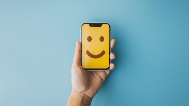 Hand Holding Smartphone with Smiley Emoji on Screen