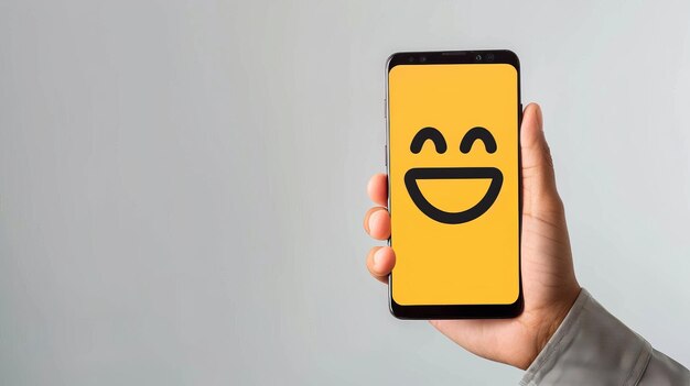 Hand Holding Smartphone with Smiling Emoji Displayed