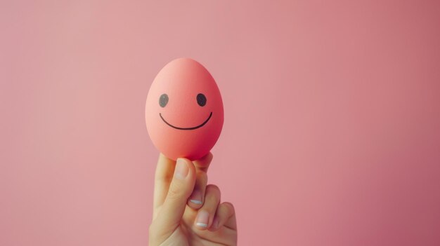 Photo hand holding smiley face egg against pink backgroundxa