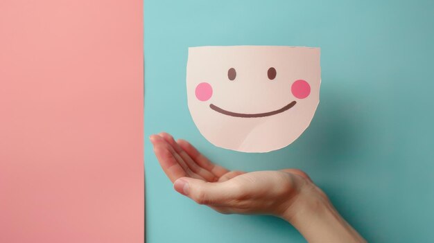 Photo hand holding smiling face cutout on pastel backgroundxa