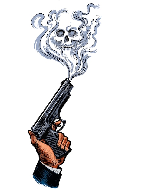 Photo hand holding a smoking gun handdrawn illustration