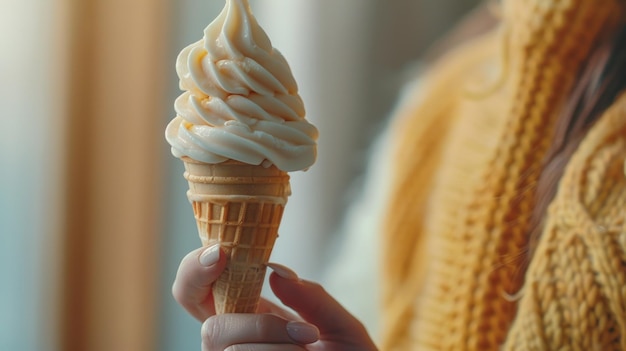 Photo a hand holding a soft serve ice cream cone