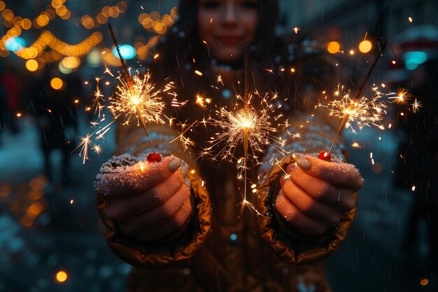 a hand holding a sparkler with the background of trees and lights