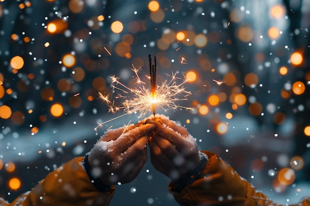 a hand holding a sparkler with the background of trees and lights