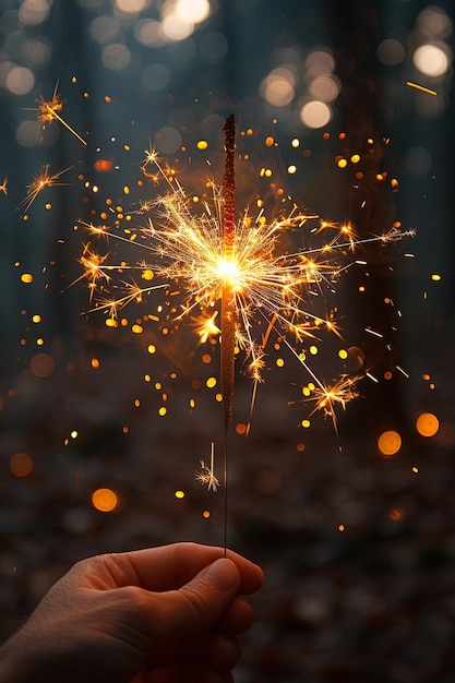 a hand holding a sparkler with a sparkler in the background