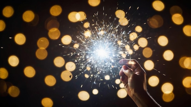 Photo hand holding a sparkling sparkler against a backdrop of warm bokeh lights