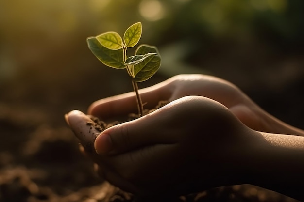 Hand holding sprouts for growing nature Generative AI