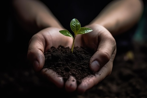 Hand holding sprouts for growing nature Generative AI