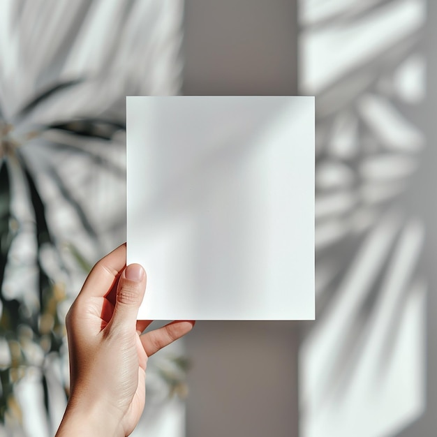 a hand holding a square that is being held up by a palm tree