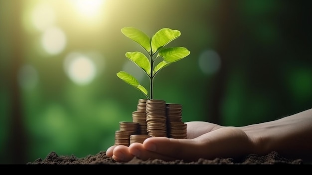 A hand holding a stack of coins with a plant growing out of it.