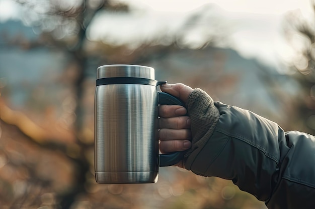 Photo hand holding stainless steel thermos mug for keeping temperature like iced of hot water