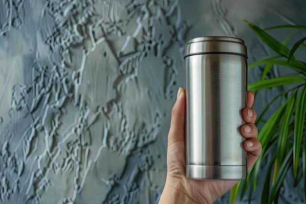 Photo hand holding stainless steel thermos mug for keeping temperature like iced of hot water