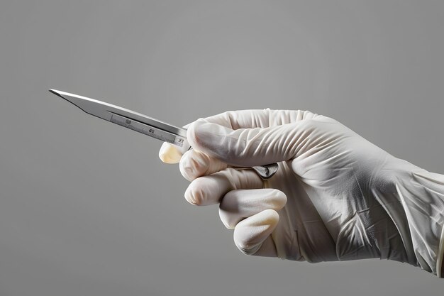 Photo hand holding surgical scalpel in a sterile environment