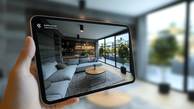 Photo a hand holding a tablet showing a virtual tour of a modern living room with a balcony