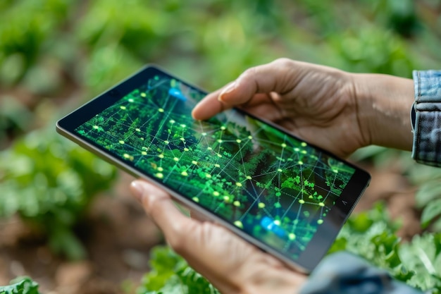 Hand holding a tablet with a digital farm interface highlighting modern agriculture and smart farmi