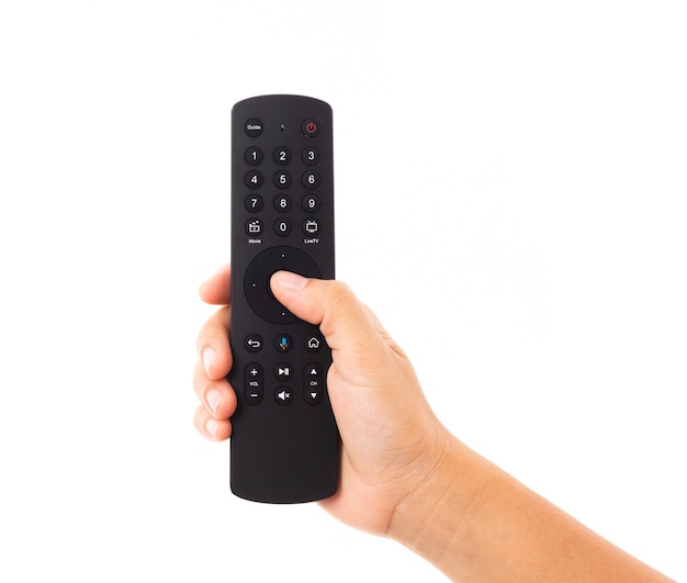 Hand holding television and audio remote control panel