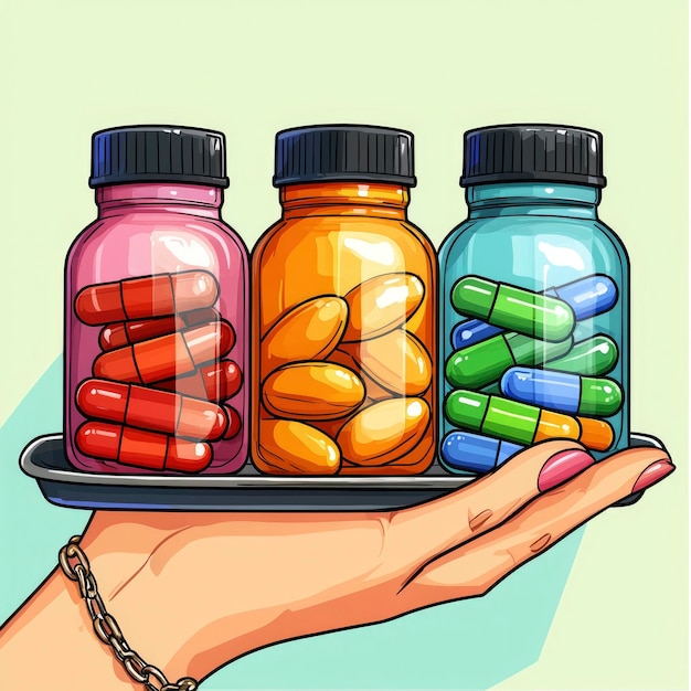 Photo hand holding three bottles of pills