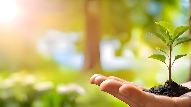 Hand holding tree on blur green nature background Tree Growth Three Steps In nature And beautiful morning lighting Green environment earth day concept