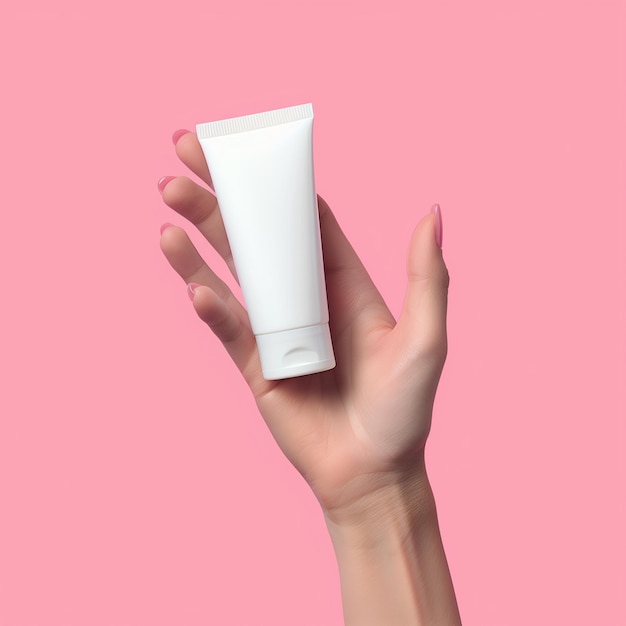 a hand holding a tube of white cream against a pink background