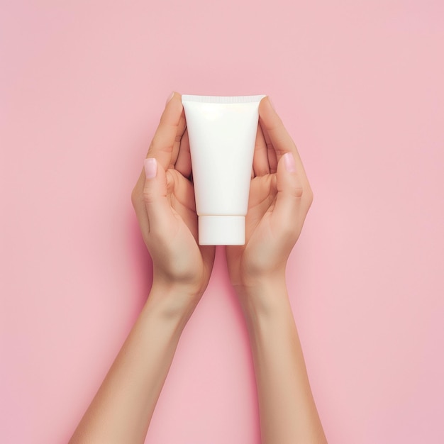 a hand holding a tube of white toothpaste with a pink background