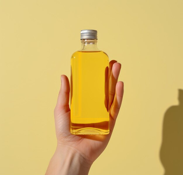 a hand holding up a bottle of oil