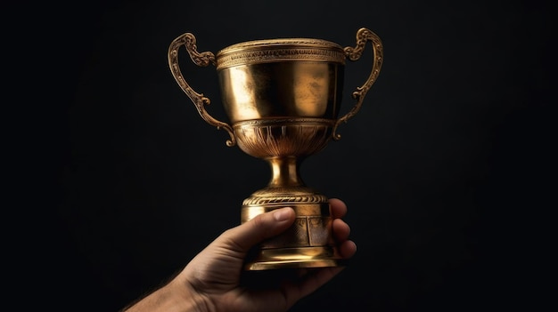 Hand holding up a gold trophy cup against dark background