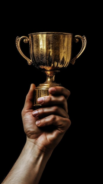 Hand holding up a gold trophy cup against dark background