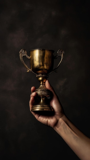 Hand holding up a gold trophy cup against dark background